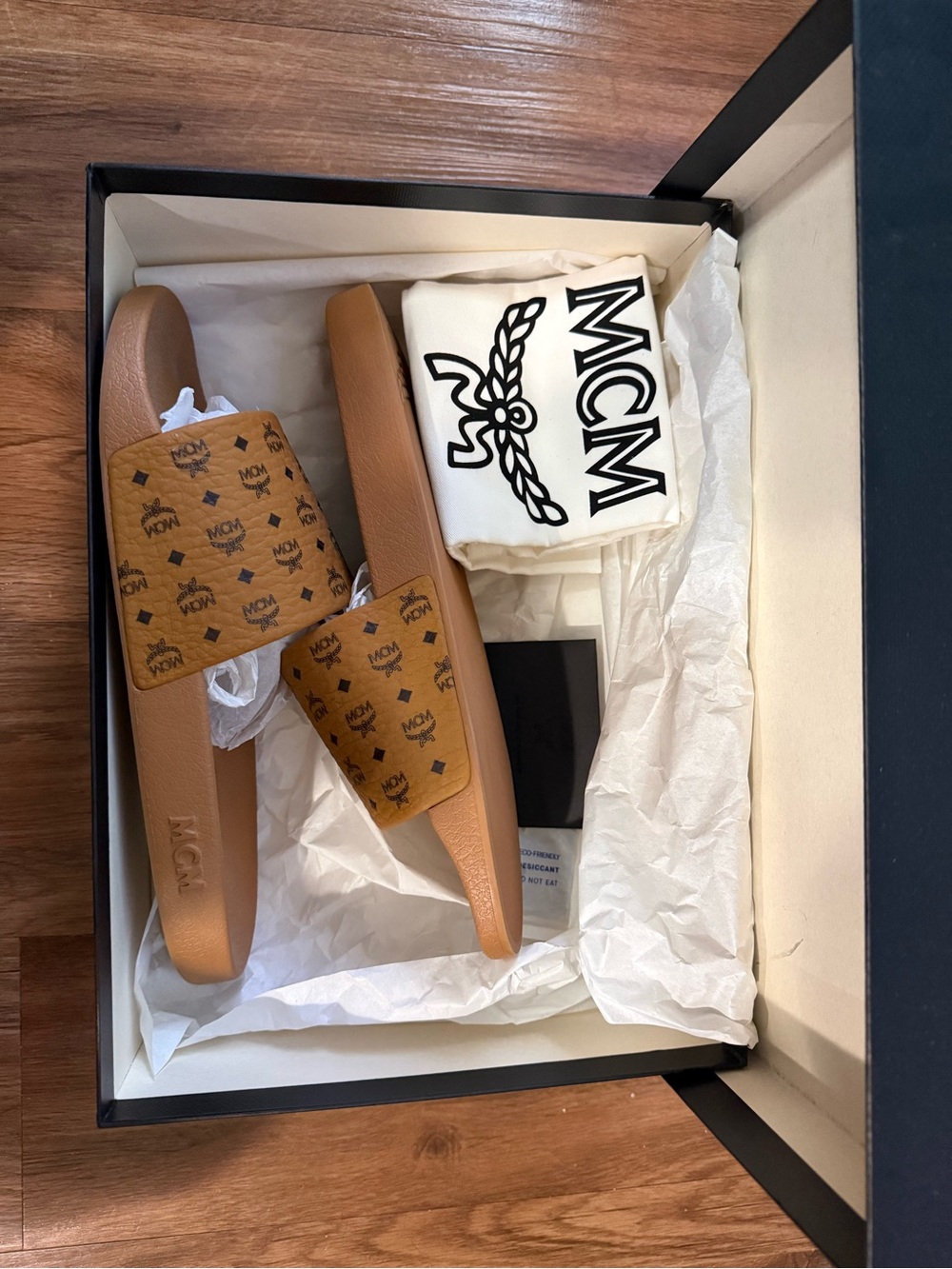MCM Men's Cognac Logo Monogram Print Rubber Slides EUR 46 Size US 13 Pre-owned.